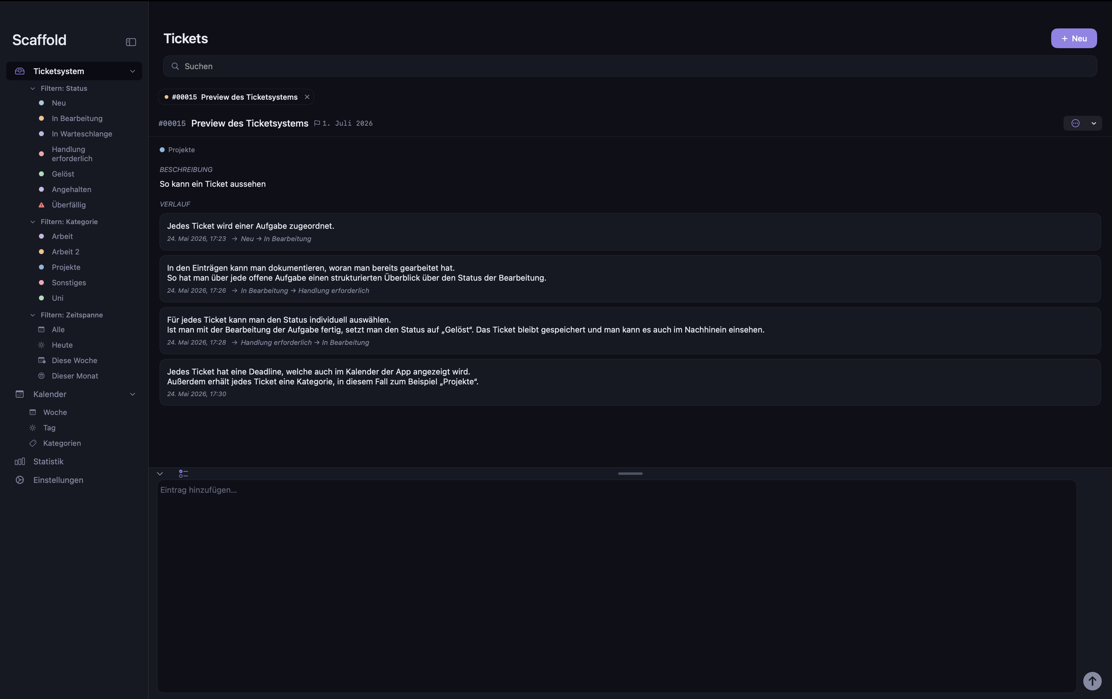 Ticketübersicht und Detailansicht in Scaffold unter macOS